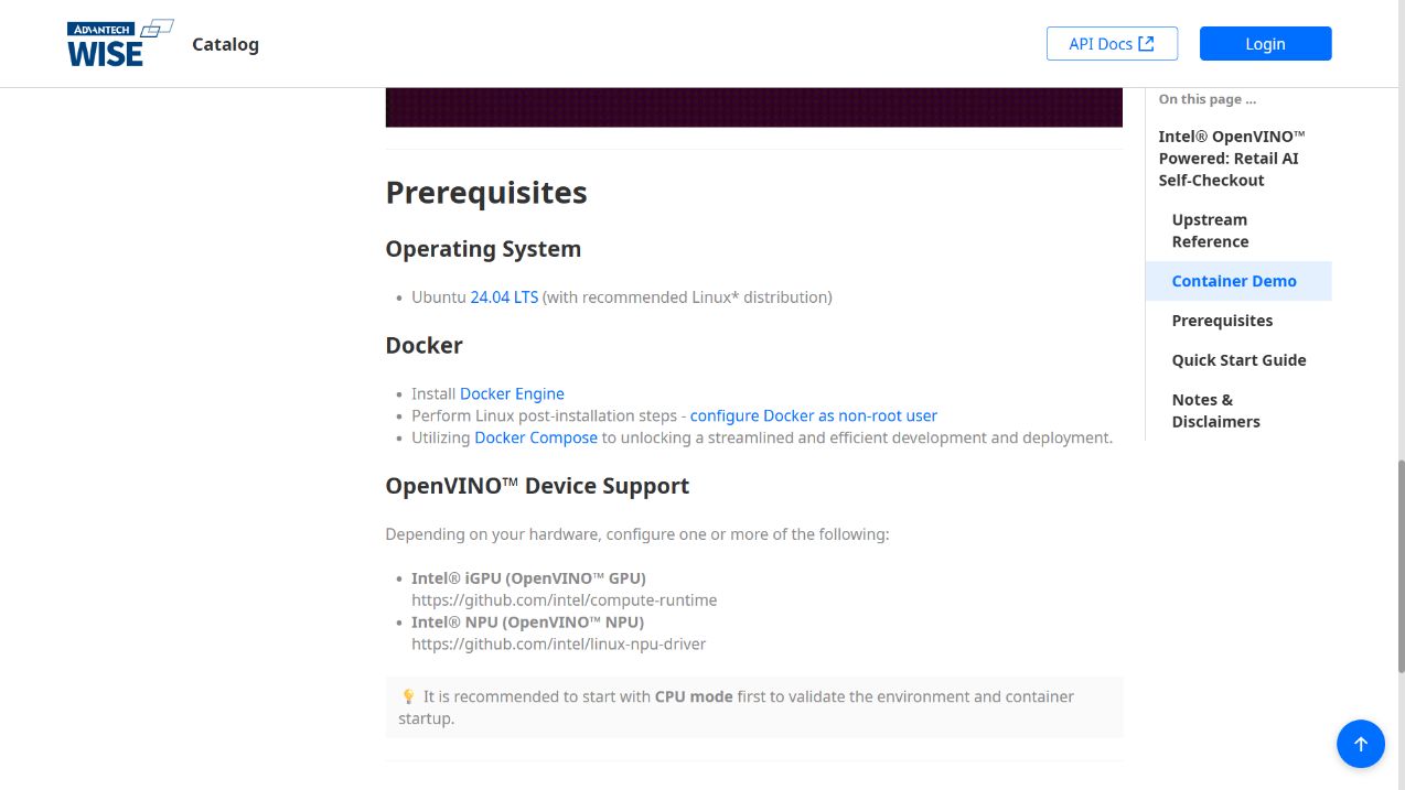 Retail AI Self-Checkout prerequisites showing Ubuntu 24.04, Docker, OpenVINO device support and the recommendation to begin with CPU mode.