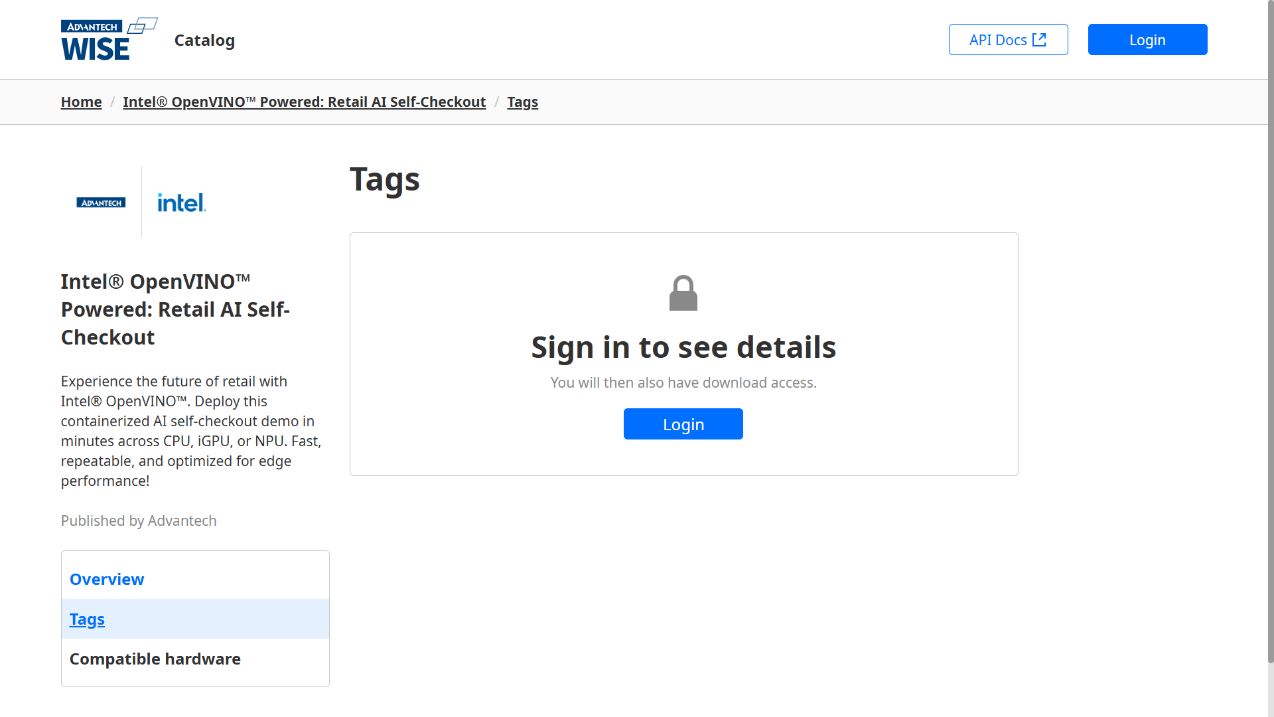 Retail AI Self-Checkout Tags page displaying Sign in to see details and a Login button for version and download access.