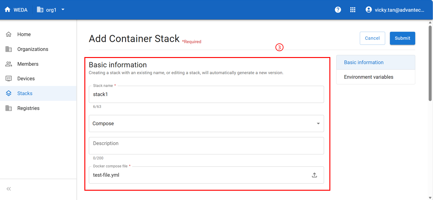 Add container stack - Basic information