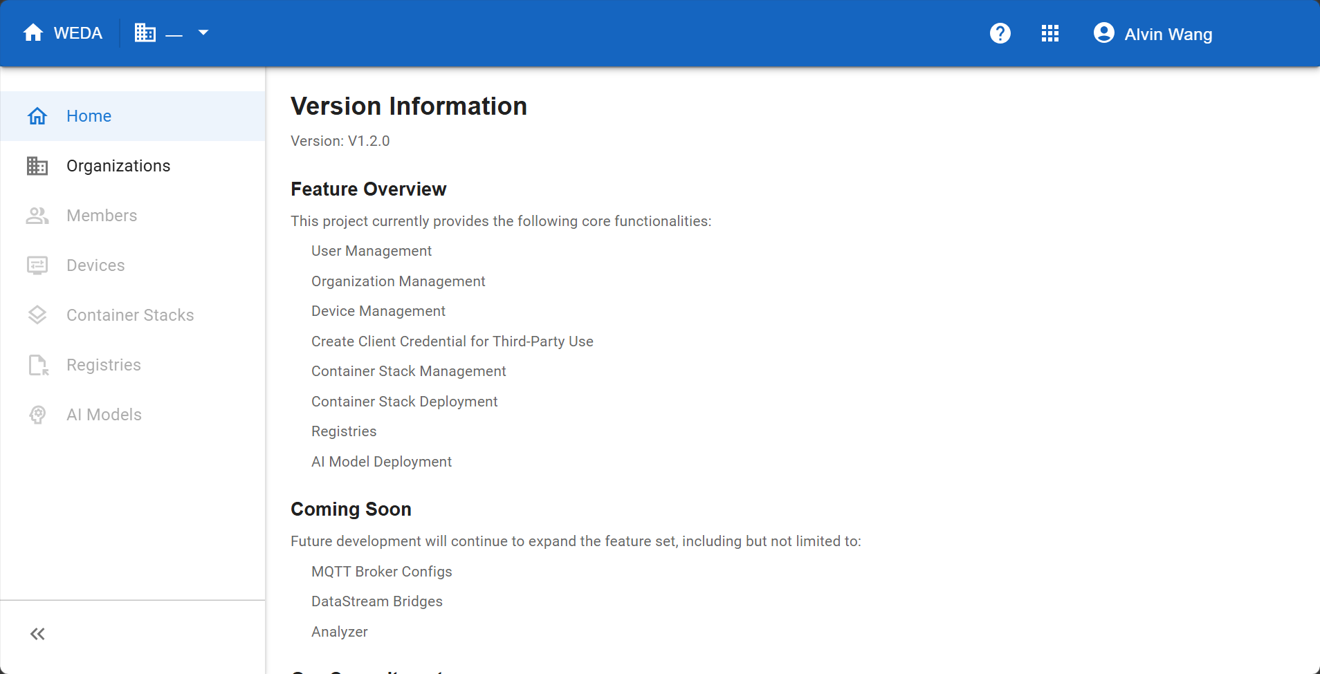 WEDA Console Home after sign-in, showing version V1.2.0 and the Organizations entry in the left navigation.
