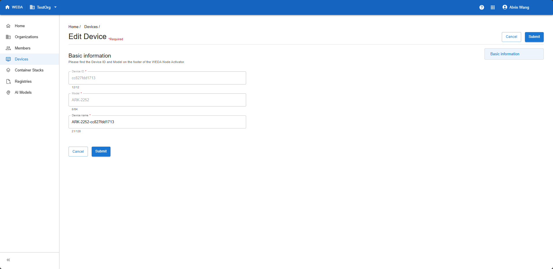 Edit Device form for cc827fdd1713 with read-only Device ID and Model and an editable Device name.