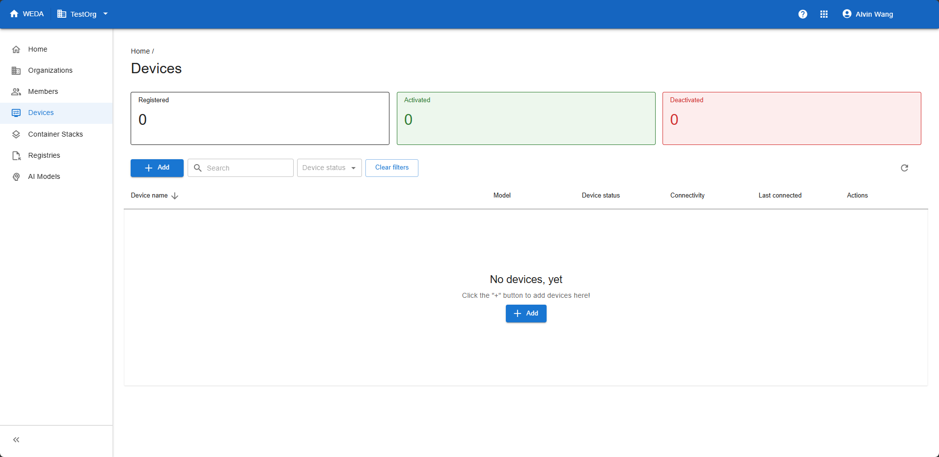 Devices list in TestOrg with no devices registered and the Add control available.