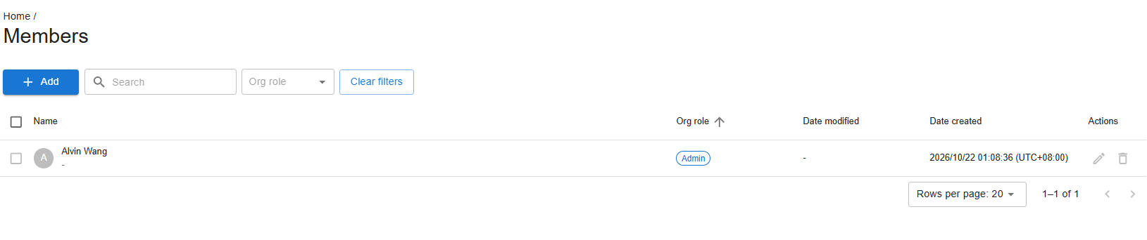 Members list after removal showing only the remaining Admin member; Dolly Cheng is no longer listed.