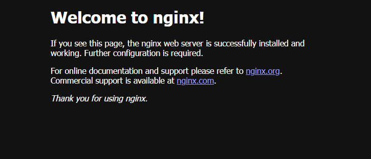 Default nginx web page displaying Welcome to nginx and confirming that the web server is installed and working.
