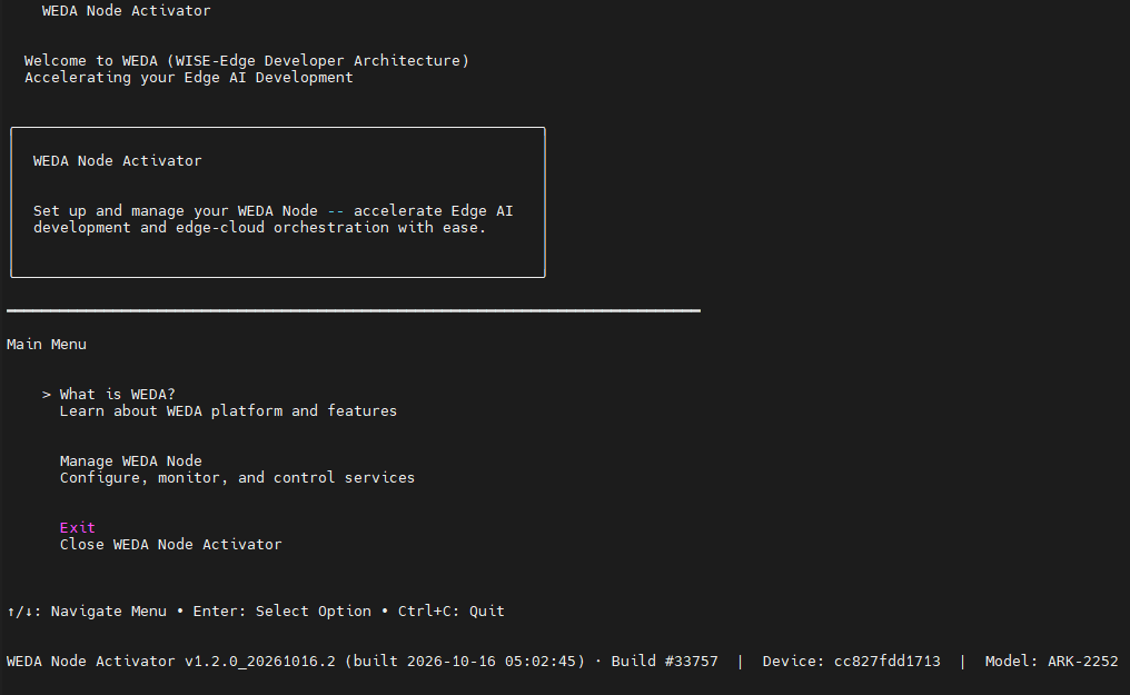 WEDA Node Activator main menu with Device cc827fdd1713 and Model ARK-2252 in the footer.