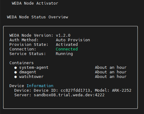 WEDA Node Activator showing version v1.2.0, Provision State Activated, Connection Connected and Service Status Running for cc827fdd1713.