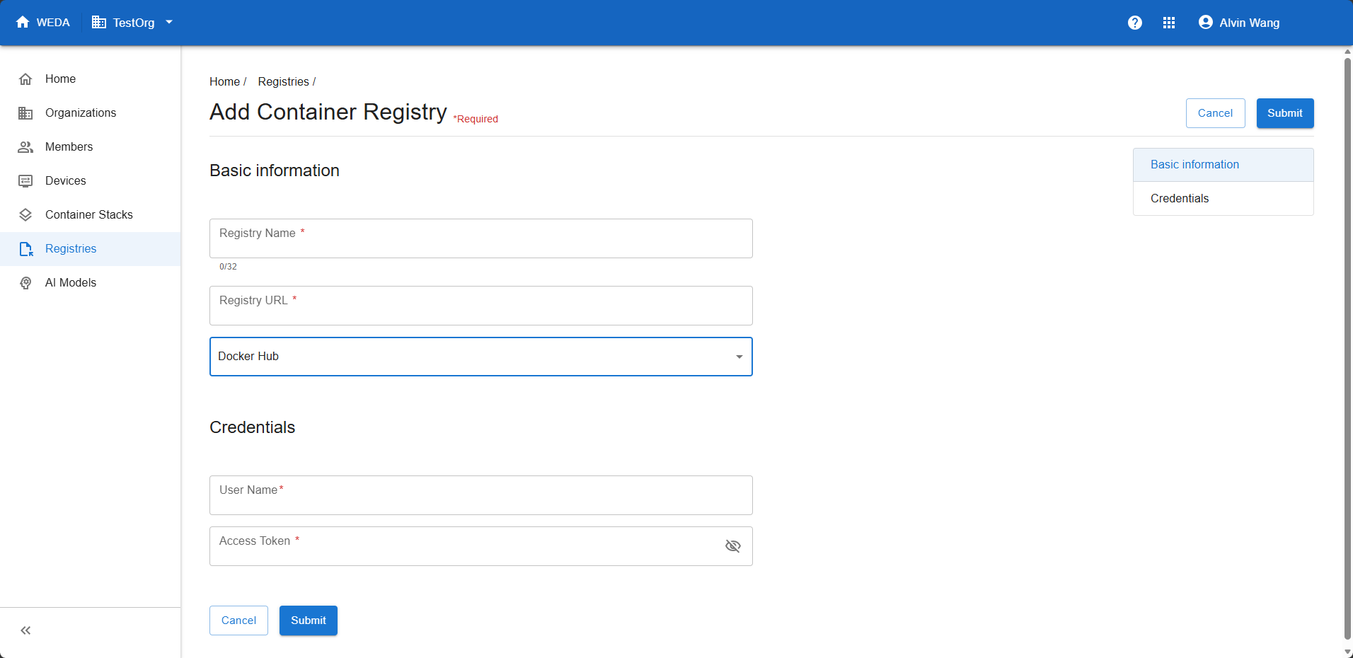 Add Container Registry form with Docker Hub selected and fields for Registry Name, Registry URL, User Name and Access Token.