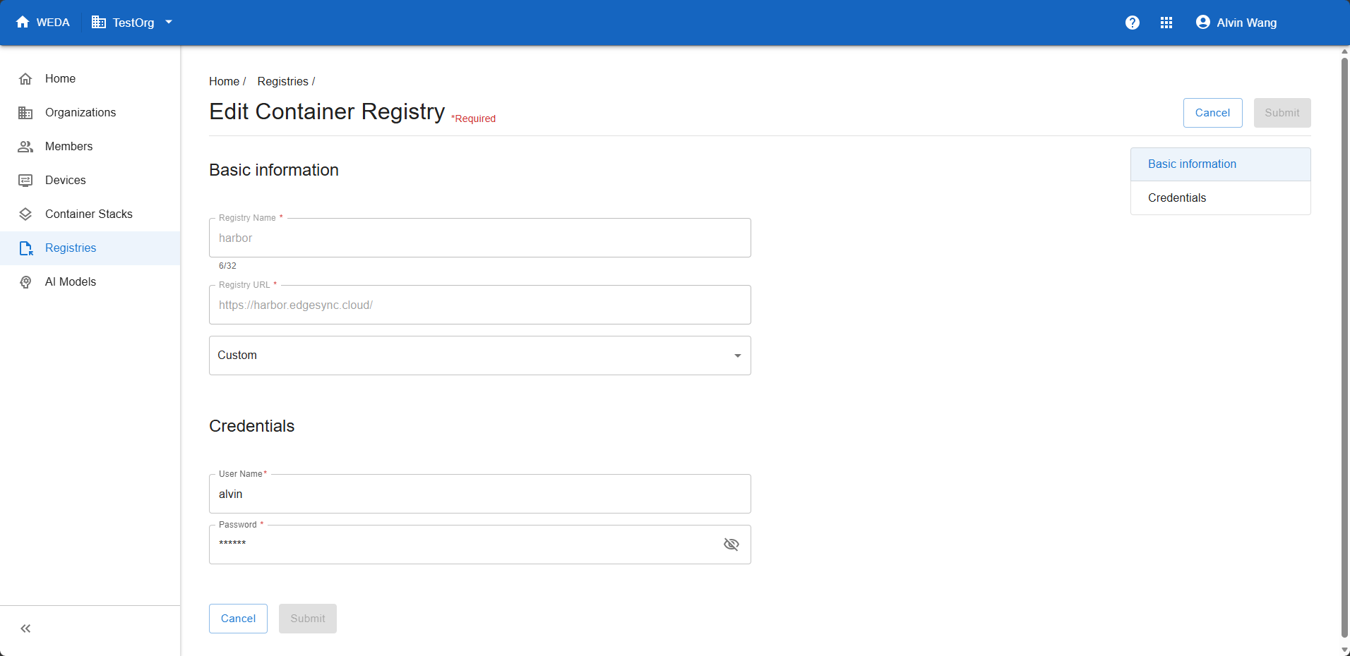 Edit Container Registry form with Registry Name and Registry URL read-only and type and credential fields displayed.