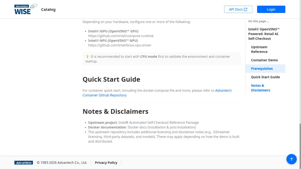 Retail AI Self-Checkout Quick Start Guide with the Advantech Container Github Repository link.