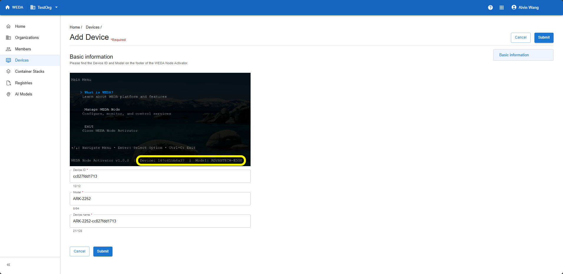 Add Device form with Device ID cc827fdd1713, Model ARK-2252 and generated Device name ARK-2252-cc827fdd1713.