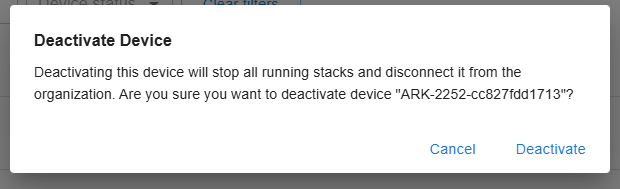 Deactivate Device confirmation dialog warning that deactivation stops all running Stacks and disconnects the WEDA Node from its organization.