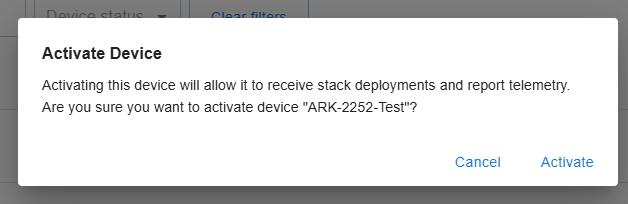 Activate Device dialog asking to activate ARK-2252-Test, with Cancel and Activate buttons.