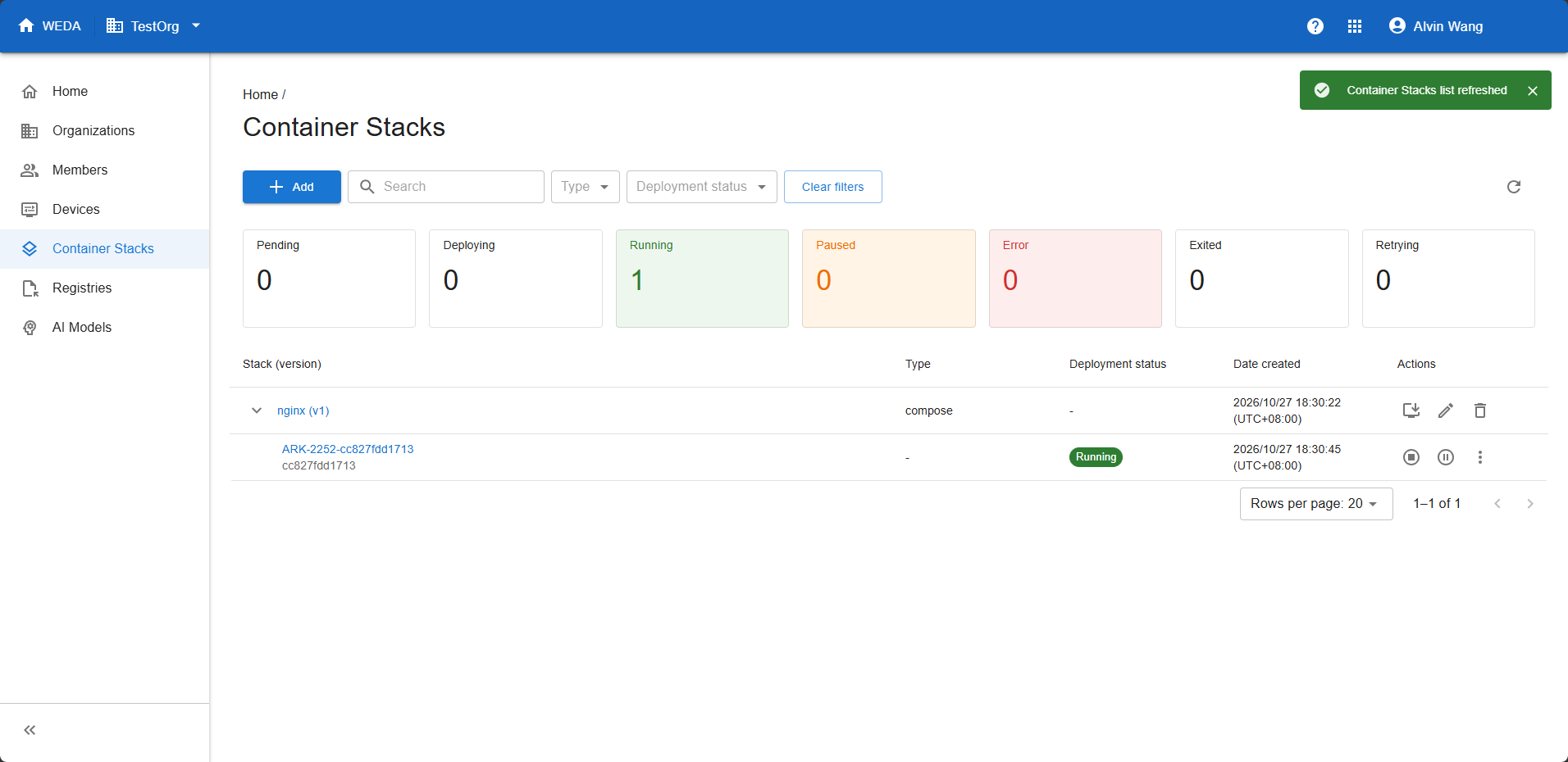 Expanded nginx v1 Stack showing ARK-2252-cc827fdd1713 as Running, with Running count one and Deploying count zero.