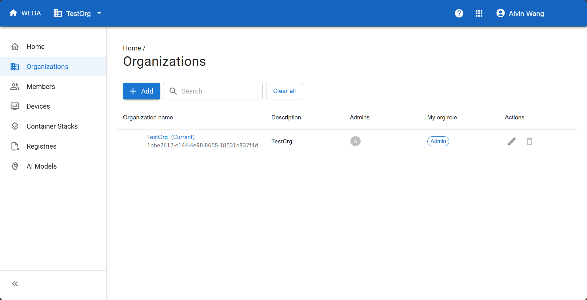 Organizations list showing TestOrg marked Current, the Admin role, and TestOrg selected in the top bar.