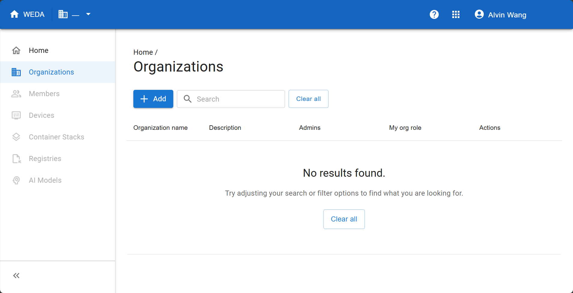 WEDA Console Organizations list with Add and Search controls and no results displayed.